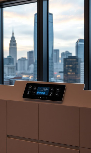 shot of a sleek and modern smart home control panel with a city view in the background.jpg