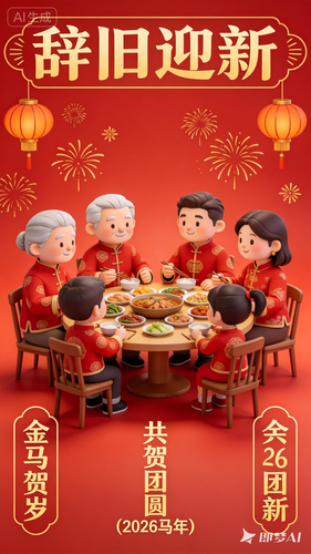 jimeng 2026 02 15 5558 主视觉大红色底色，核心元素“辞旧迎新”主题文字，搭配“金马贺岁”“共贺团圆”竖排....png