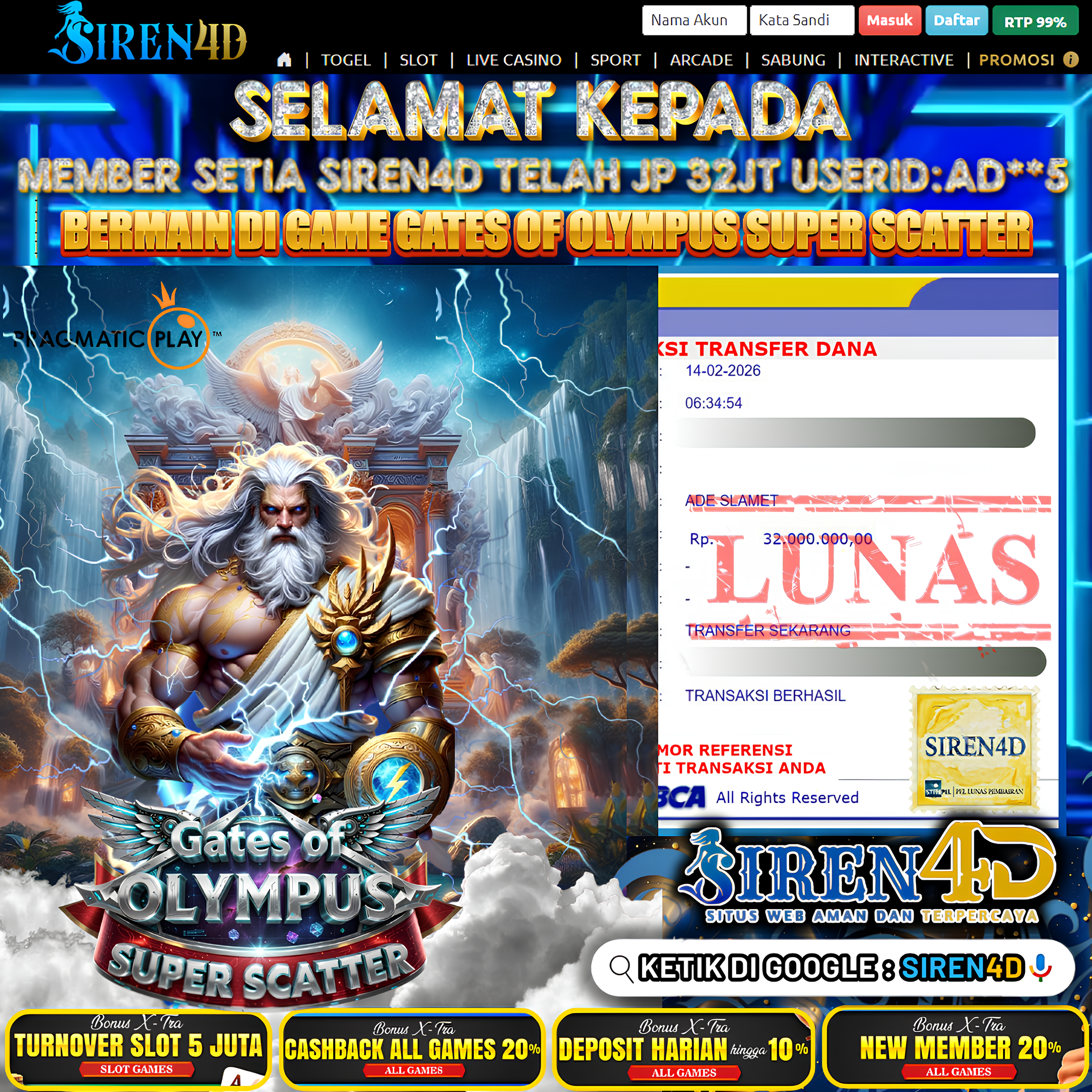 SIREN4D  - TELAH JACKPOT BESAR DI GAME  GATES OF OLYMPUS (PRAGMATIC)   RP 32JT DIBAYAR LUNAS