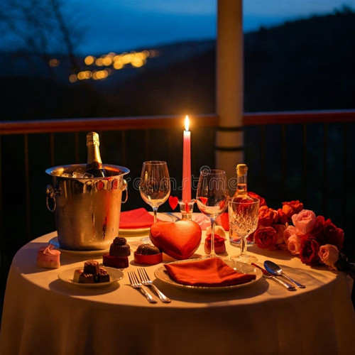 romantic dinner two captivating image setting balcony overlooking twilight view table adorned white .jpg