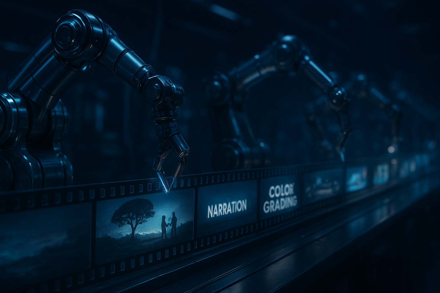 A surreal, hyperreal production line where polished robotic arms sculpt scenes from light into a continuous film strip. Each station adds narration, captions, color grading, and final render. Deep blues, silver metals, soft neon accents, dramatic rim lighting, macro depth of field, photoreal reflections.