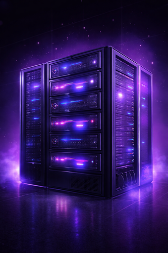 Futuristic server racks with glowing lights.png