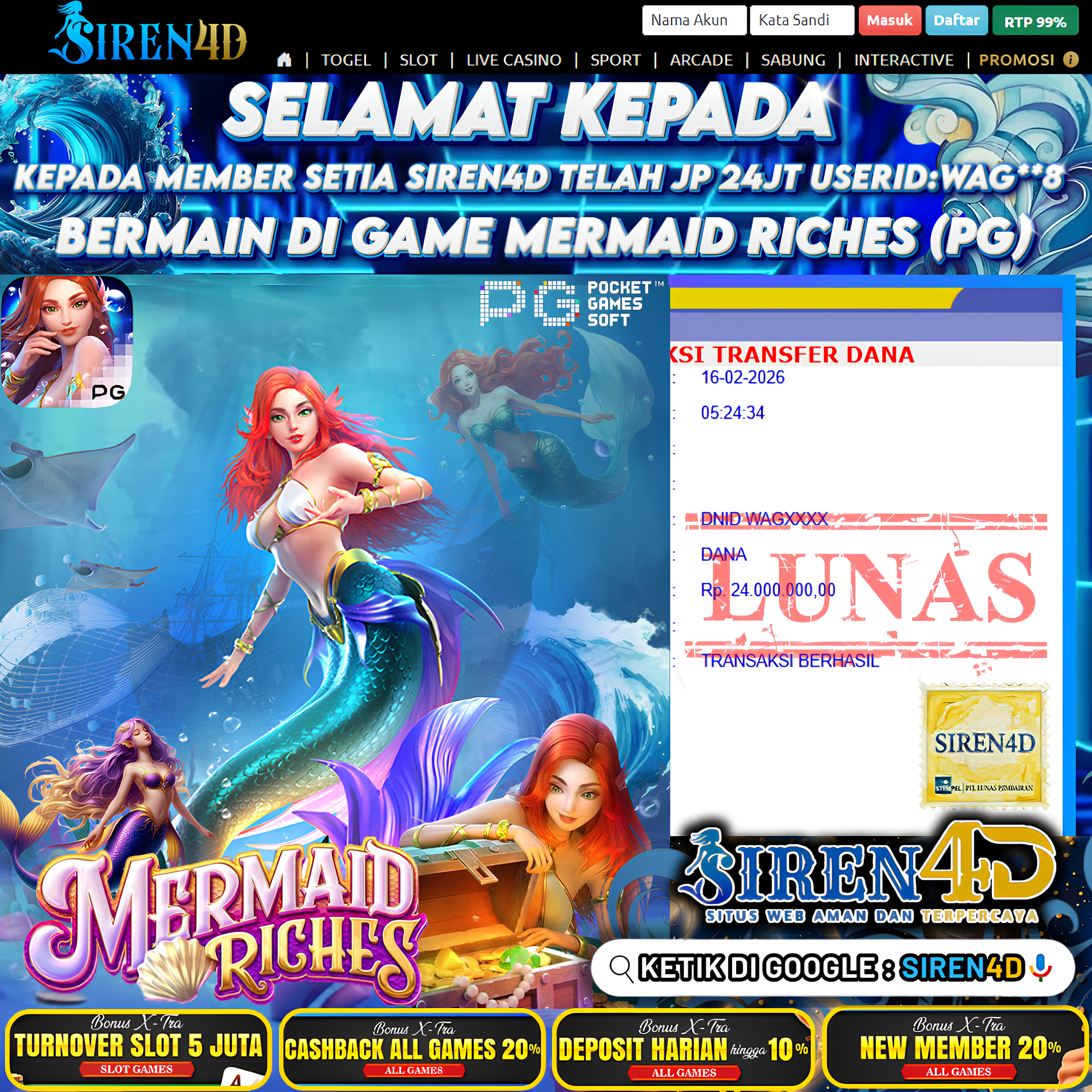 SIREN4D  - TELAH JACKPOT BESAR DI GAME  MERMAID RICHES (PG)  RP 24JT DIBAYAR LUNAS