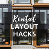 Vertical Pintereststyle image of container home with rental layout Centered overlay text reads Renta