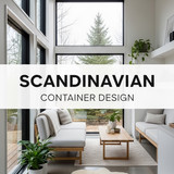 Vertical Pintereststyle image of container home with Scandinavian interior Centered overlay text rea