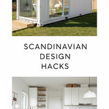 Vertical Pintereststyle image of container home with Scandinavian design Centered overlay text reads