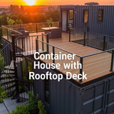 Vertical Pintereststyle image of container home with rooftop deck and spiral staircase Centered over