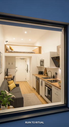 Vertical Pintereststyle image of container home with rental layout Centered overlay text reads Renta.jpg