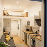 Vertical Pintereststyle image of container home with rental layout Centered overlay text reads Renta