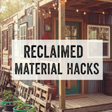 Vertical Pintereststyle image of container home with reclaimed materials Centered overlay text reads