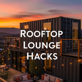 Vertical Pintereststyle image of container home with rooftop deck lounge Centered overlay text reads