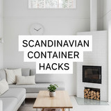 Vertical Pintereststyle image of container home with Scandinavian minimalist decor Centered overlay 