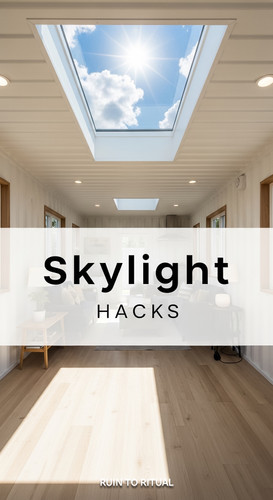 Vertical Pintereststyle image of container home with skylight ceiling Centered overlay text reads Sk.jpg