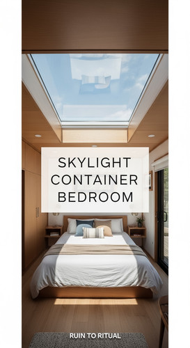 Vertical Pintereststyle image of container home with skylight bedroom Centered overlay text reads Sk.jpg