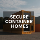 Vertical Pintereststyle image of container home with security cameras Centered overlay text reads Se