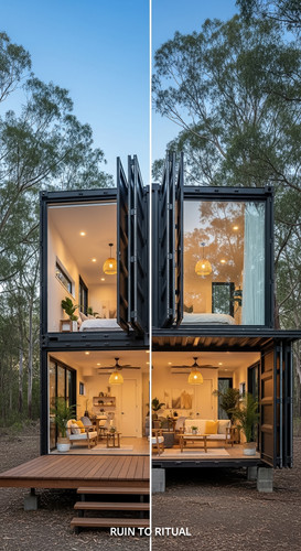 Vertical Pintereststyle image of container home with foldout walls Centered overlay text reads FoldO.jpg