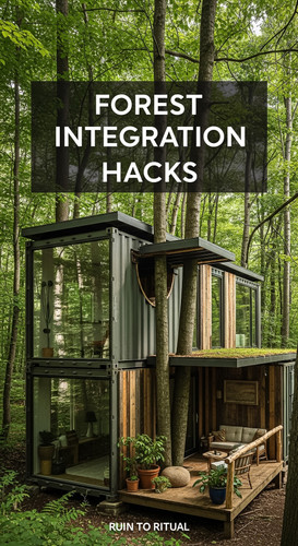 Vertical Pintereststyle image of container home with forest integration Centered overlay text reads .jpg