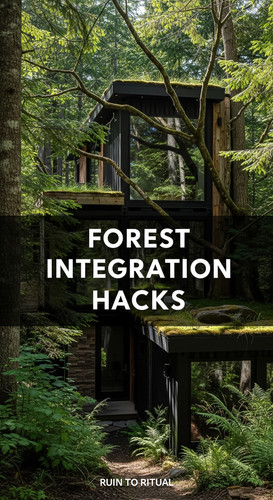 Vertical Pintereststyle image of container home with forest integration Centered overlay text reads .jpg