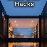 Vertical Pintereststyle image of container home with glass wall living room Centered overlay text re