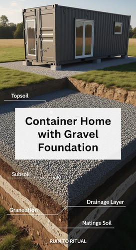 Vertical Pintereststyle image of container home with gravel foundation and drainage layer Centered o.jpg