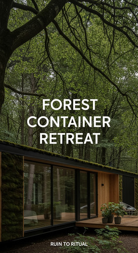 Vertical Pintereststyle image of container home with forest integration Centered overlay text reads .jpg