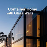 Vertical Pintereststyle image of container home with full glass wall and curtain interior Centered o