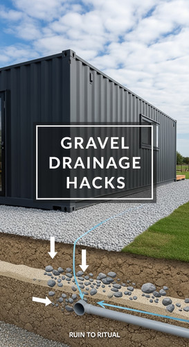 Vertical Pintereststyle image of container home with gravel foundation drainage Centered overlay tex.jpg