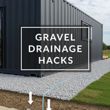 Vertical Pintereststyle image of container home with gravel foundation drainage Centered overlay tex