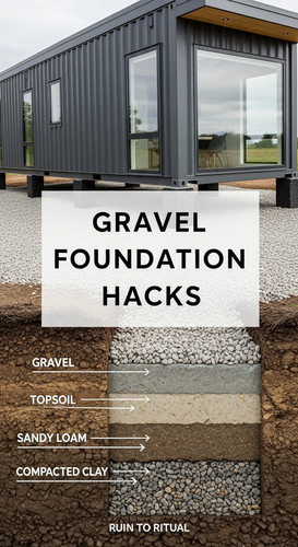 Vertical Pintereststyle image of container home with gravel foundation Centered overlay text reads G.jpg
