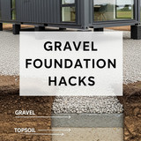Vertical Pintereststyle image of container home with gravel foundation Centered overlay text reads G