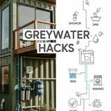 Vertical Pintereststyle image of container home with greywater system Centered overlay text reads Gr