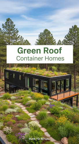 Vertical Pintereststyle image of container home with green roof garden Centered overlay text reads G.jpg