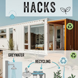 Vertical Pintereststyle image of container home with greywater recycling Centered overlay text reads