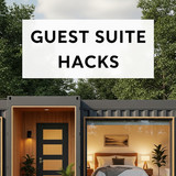 Vertical Pintereststyle image of container home with guest suite Centered overlay text reads Guest S