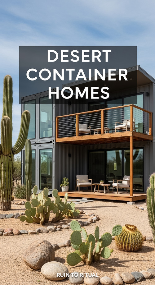 Vertical Pintereststyle image of container home with desert landscaping Centered overlay text reads .jpg