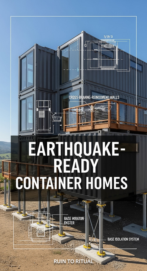 Vertical Pintereststyle image of container home with earthquake anchors Centered overlay text reads .jpg