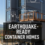 Vertical Pintereststyle image of container home with earthquake anchors Centered overlay text reads 