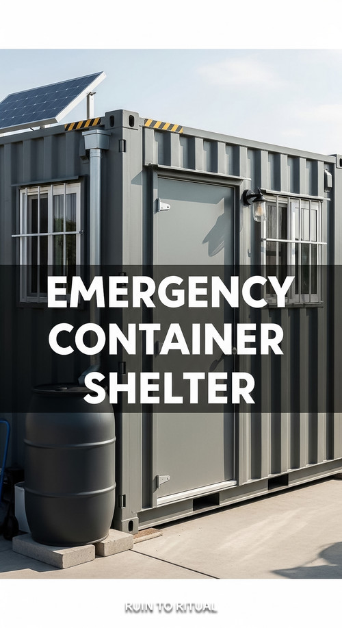 Vertical Pintereststyle image of container home with emergency shelter layout Centered overlay text .jpg