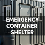 Vertical Pintereststyle image of container home with emergency shelter layout Centered overlay text 