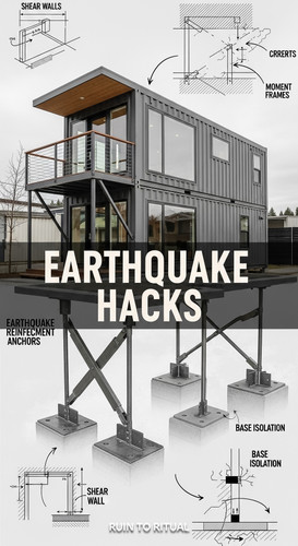 Vertical Pintereststyle image of container home with earthquake anchors Centered overlay text reads .jpg