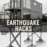 Vertical Pintereststyle image of container home with earthquake anchors Centered overlay text reads 