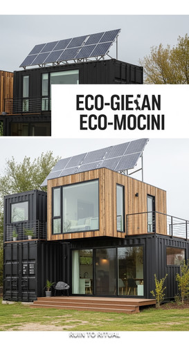 Vertical Pintereststyle image of container home with eco solar setup Centered overlay text reads Eco.jpg