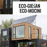 Vertical Pintereststyle image of container home with eco solar setup Centered overlay text reads Eco