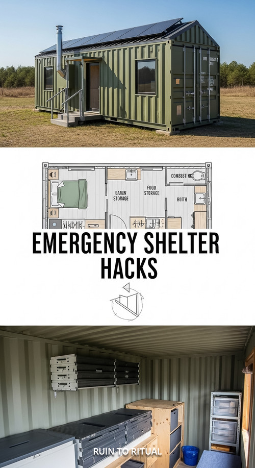 Vertical Pintereststyle image of container home with emergency shelter layout Centered overlay text .jpg