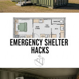 Vertical Pintereststyle image of container home with emergency shelter layout Centered overlay text 