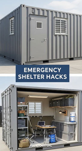 Vertical Pintereststyle image of container home with emergency shelter layout Centered overlay text .jpg