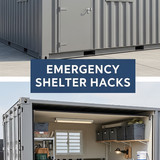 Vertical Pintereststyle image of container home with emergency shelter layout Centered overlay text 