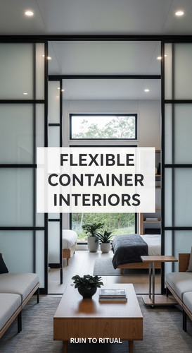 Vertical Pintereststyle image of container home with sliding partitions Centered overlay text reads .jpg