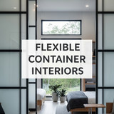 Vertical Pintereststyle image of container home with sliding partitions Centered overlay text reads 