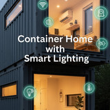Vertical Pintereststyle image of container home with smart lighting and automation icons Centered ov